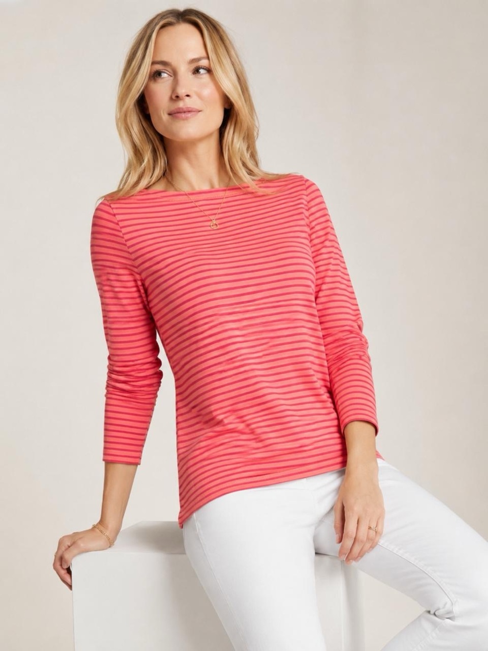 Vineyard Vines Women's Striped Boatneck Long Sleeve Top Pink Orange M NWT